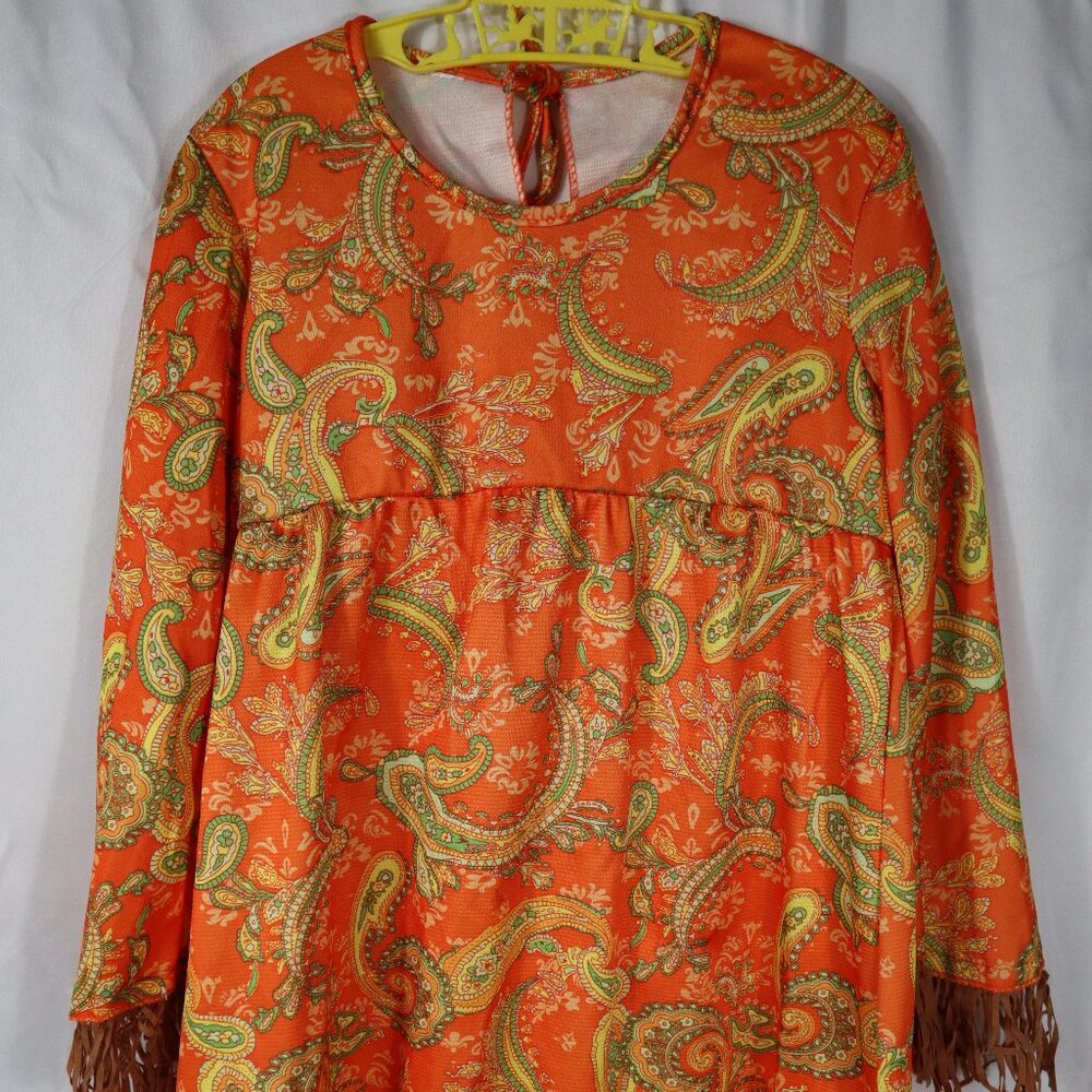 Girls Size 5/6 Orange Paisley Dress Scarecrow Costume 70's Thanksgiving Fall